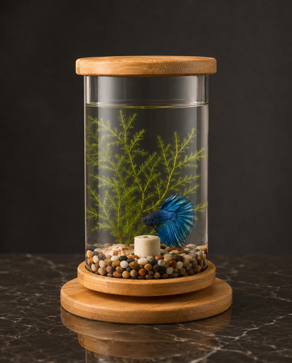 Mini Bamboo Glass Betta Fish Tank – Desktop Aquarium Bowl