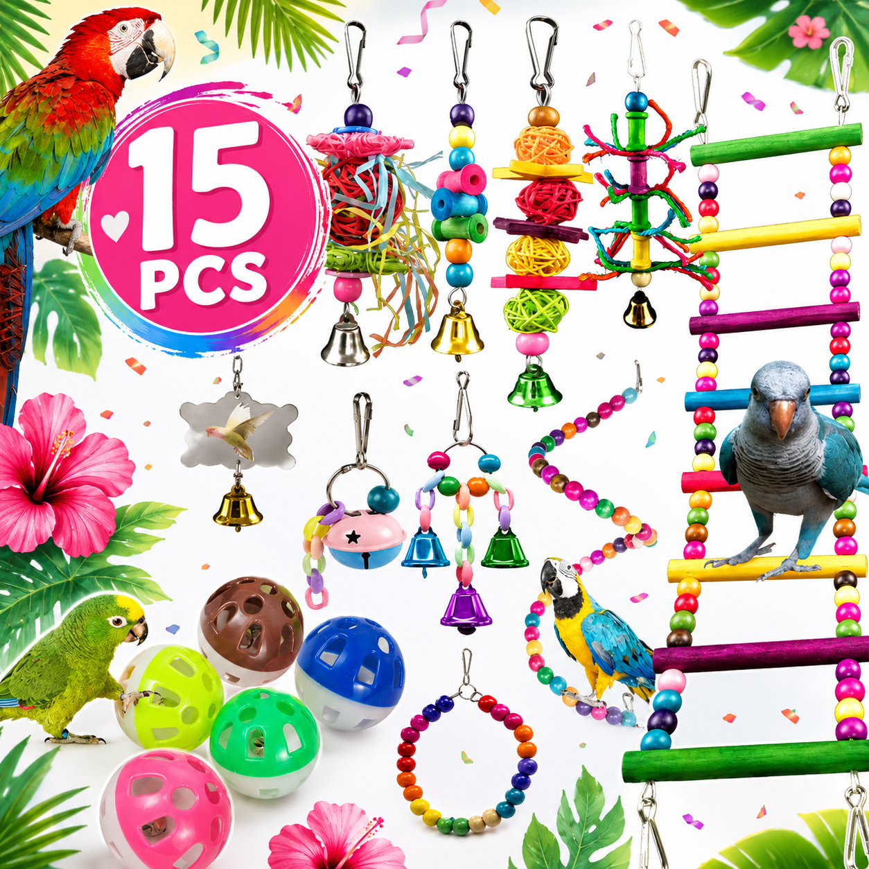 Parrot Toy Set – 10, 13 or 15 Piece Chew Bundle