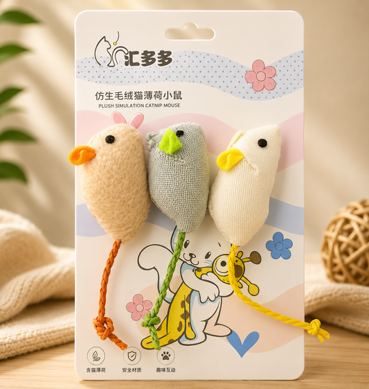 3 Piece Interactive Cat Toy Pack -  Plush Catnip Mouse Toy Set