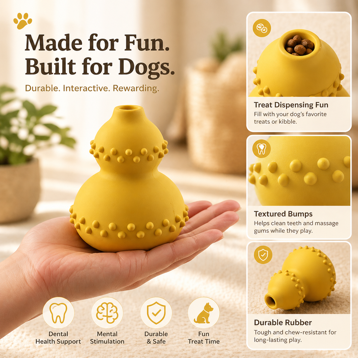 Rubber Dog Chew Toy with Teeth Cleaning Bumps (Interactive Treat Toy)