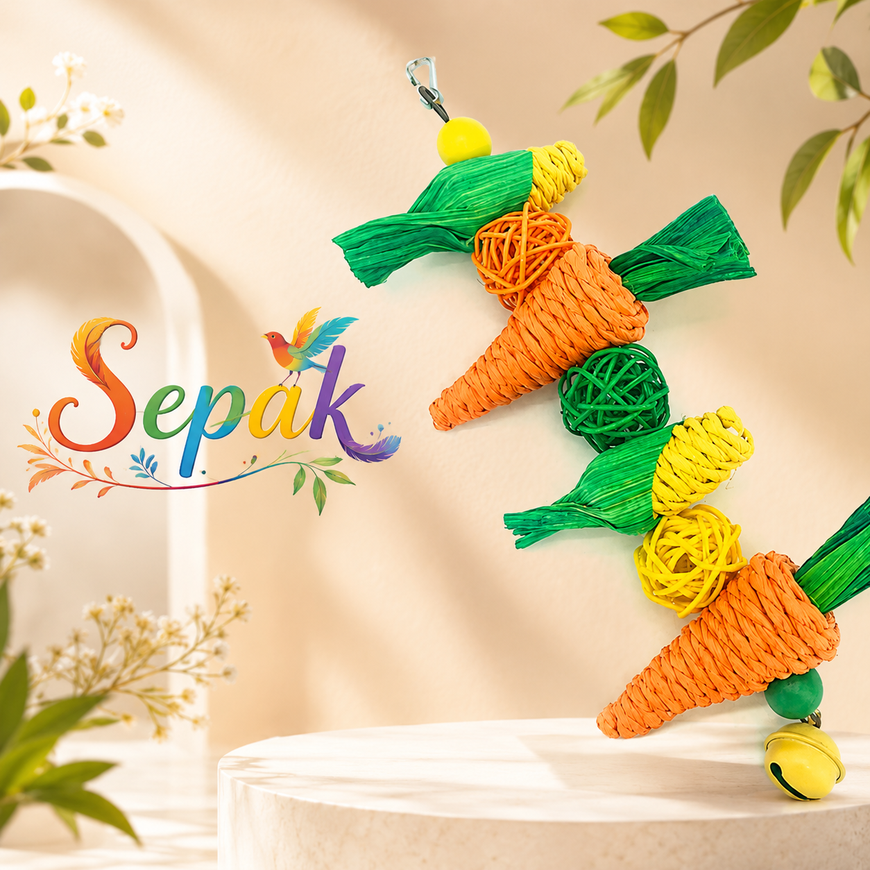 Colourful Hanging Bird Chew Toy with Corn & Rattan Shapes