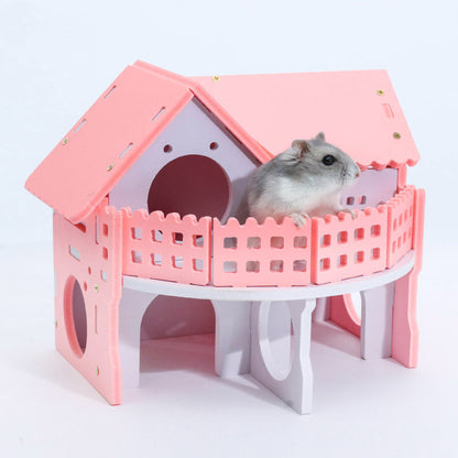 Pink Hamster Villa House – Multi-Level Shelter with Balcony