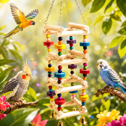 Wooden Hanging Bird Toy Ladder with Bells & Beads