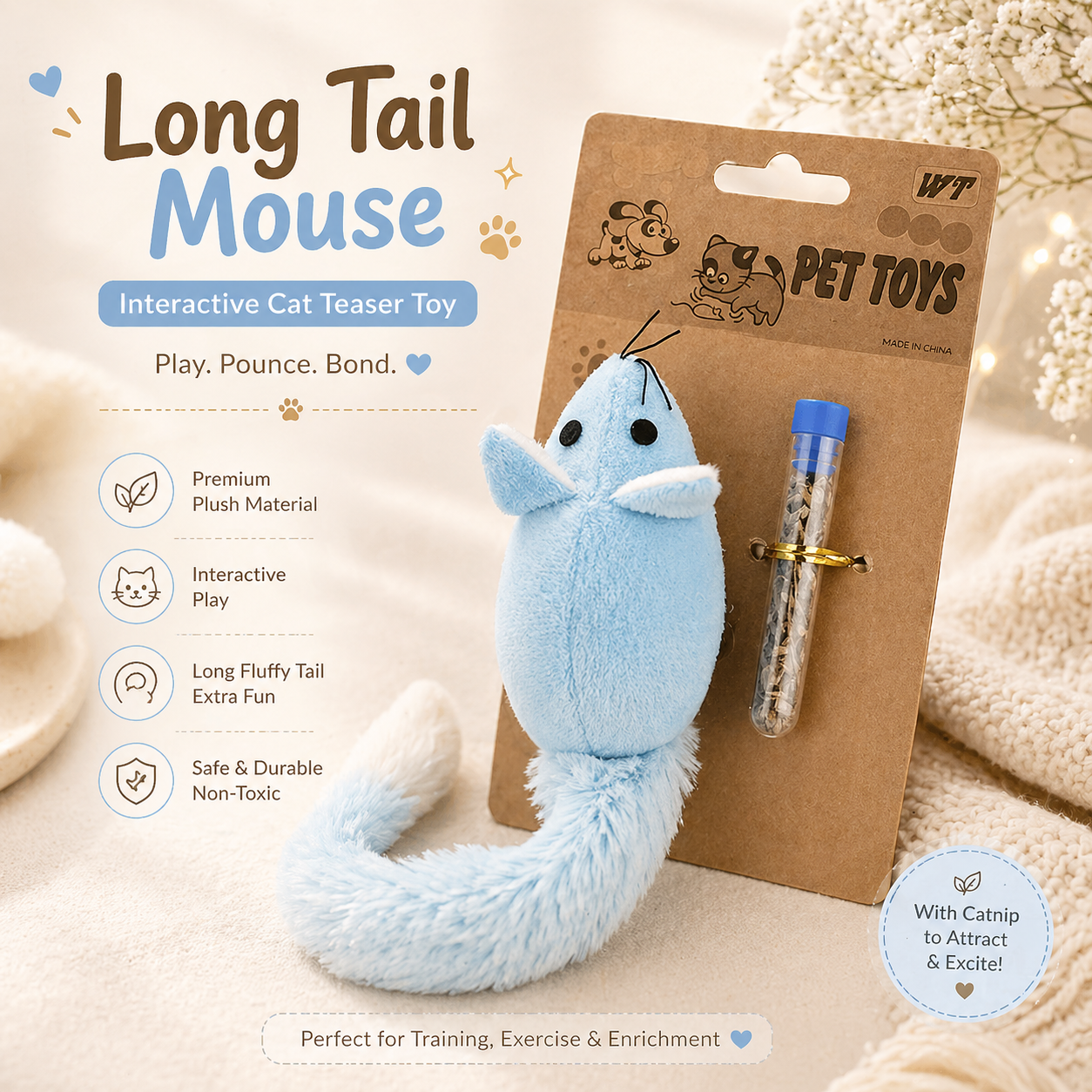 Cat Teaser Mouse Toy with Long Tail