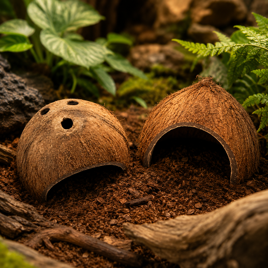 Natural Coconut Shell Reptile Hide Cave Set – Snake, Gecko, Lizard & Turtle Shelter