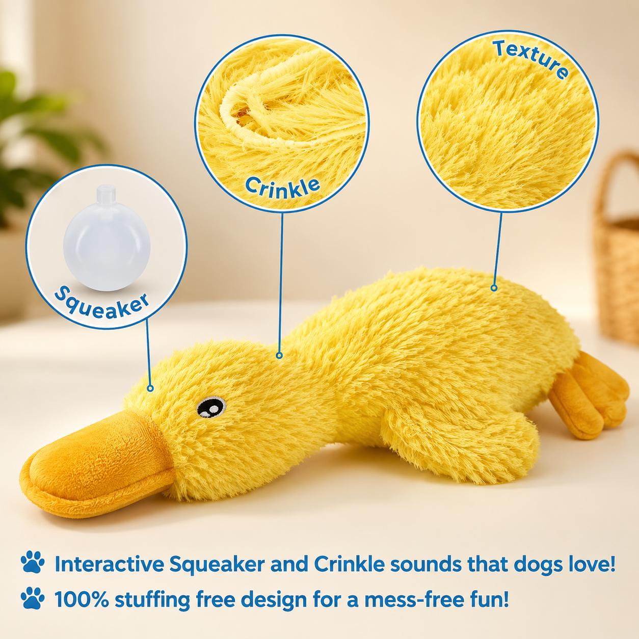 Fluffy Duck Plush Dog Toy (Soft Squeaky Duck)