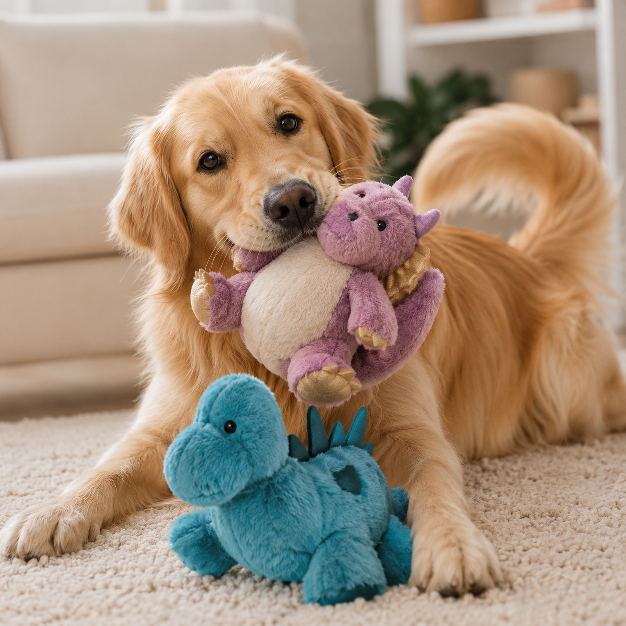 DinoBuddy Plush Dog Toys – Blue Stegosaurus & Purple Pterosaur
