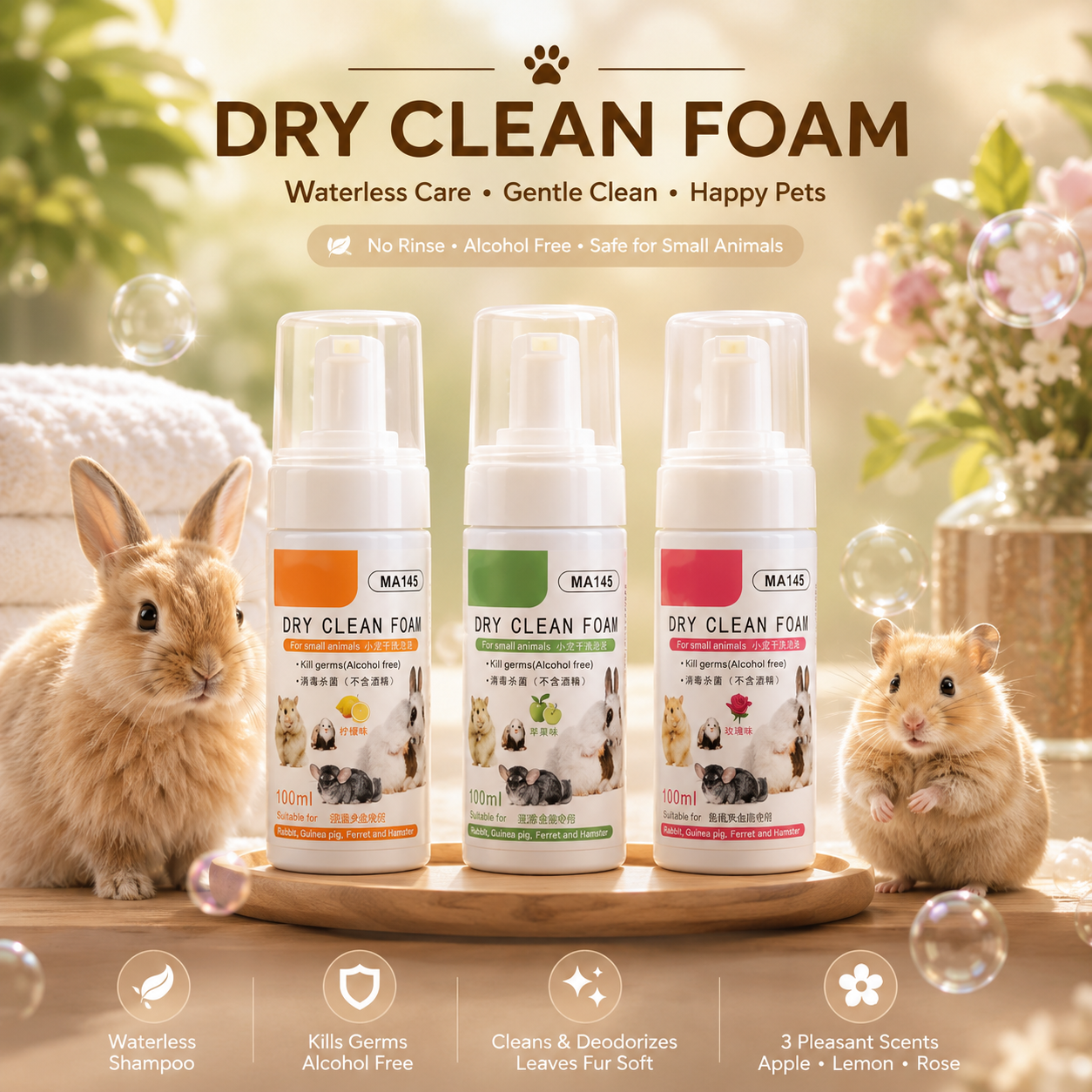 No-Rinse Small Pet Cleaning Foam for Rabbits, Hamsters & Chinchillas
