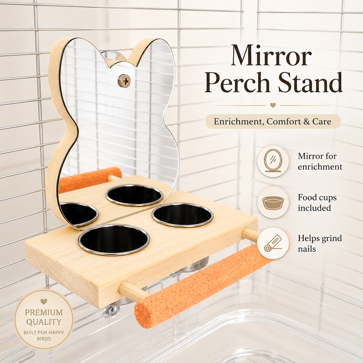 Parrot Mirror Feeding & Perch Stand