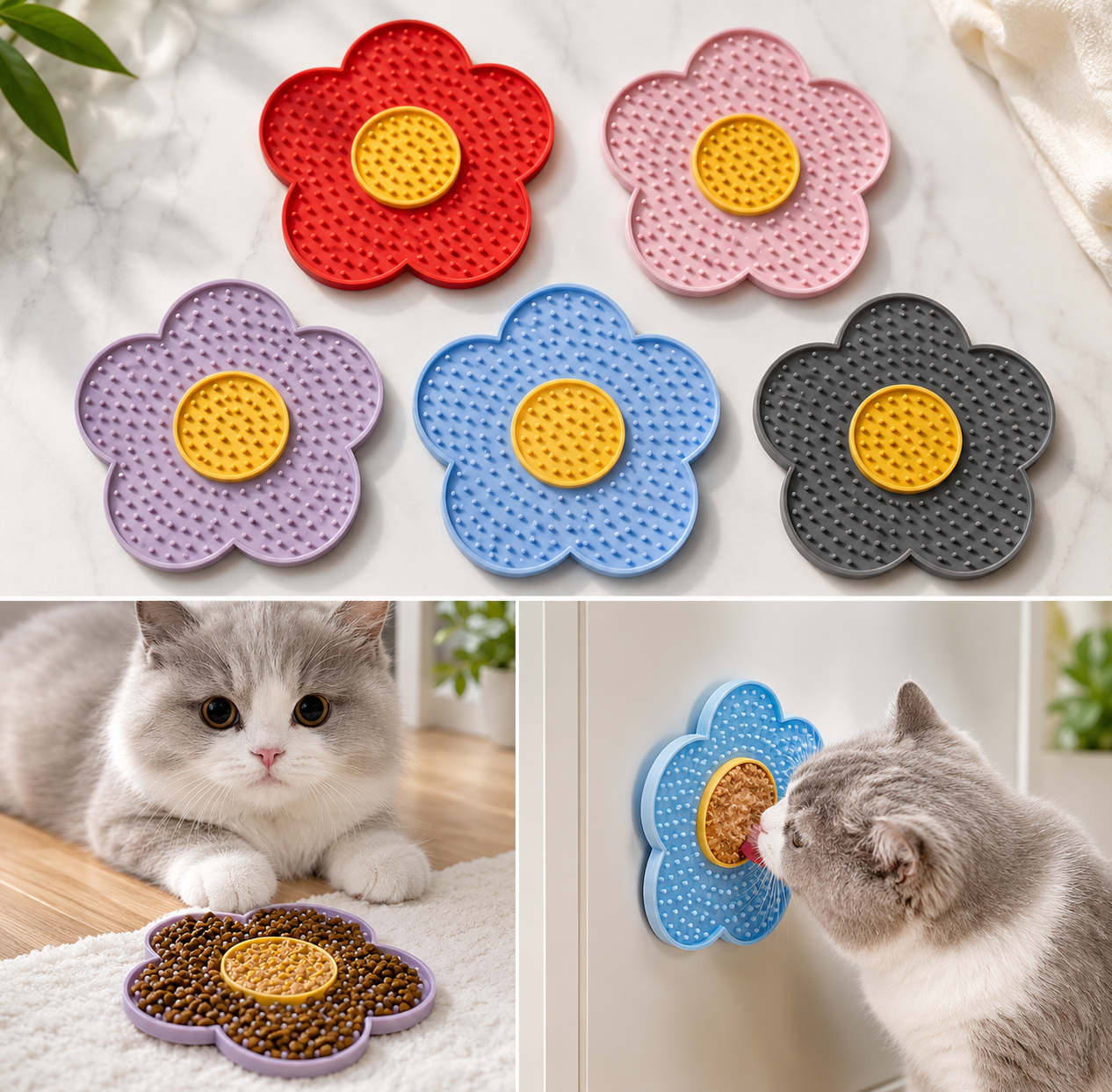 Flower Shape Slow Feeder Lick Mat for Cats & Dogs – Silicone Suction Cup Feeding Pad