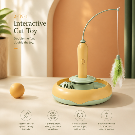 2-in-1 Interactive Cat Toy – Spinning Track & Feather Teaser
