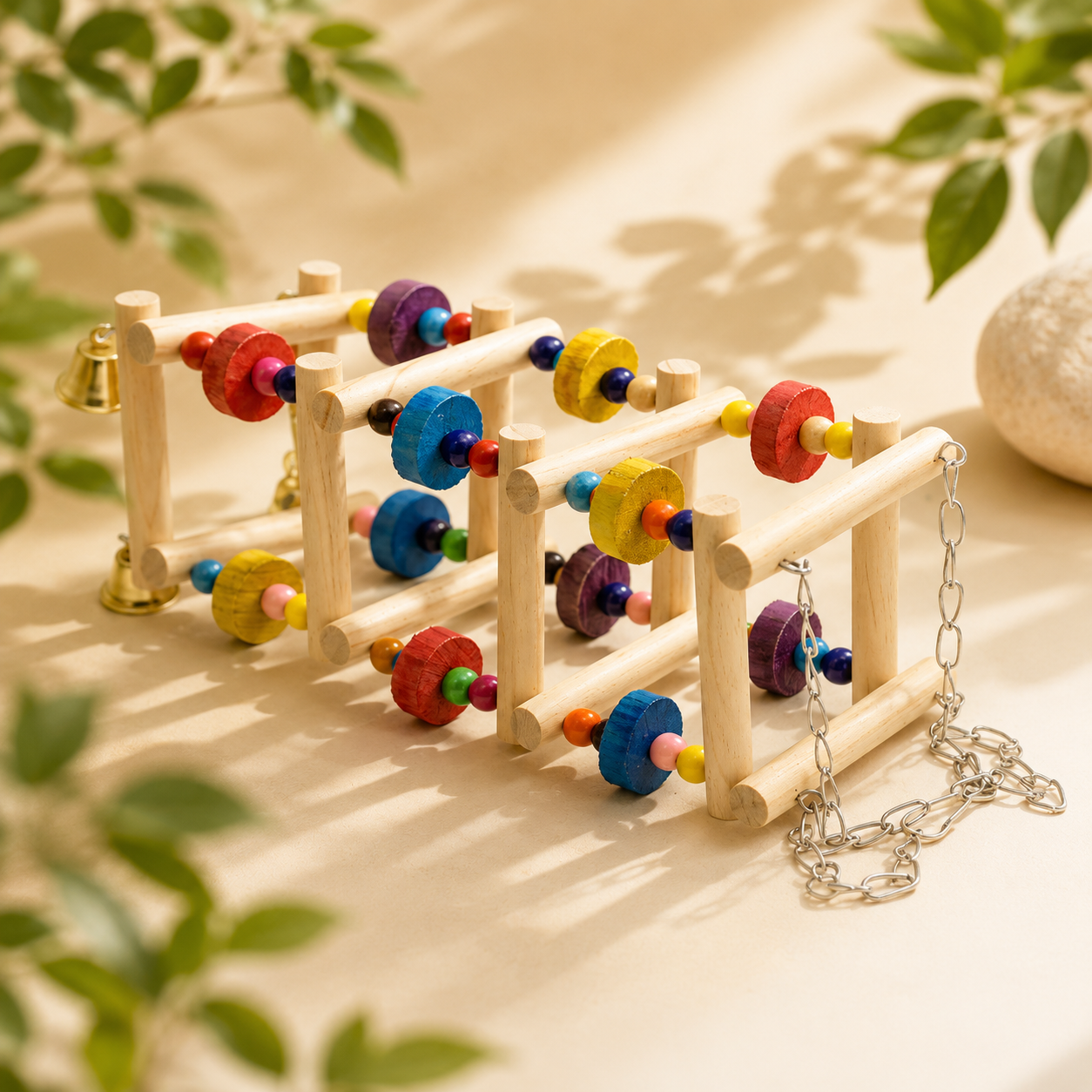 Wooden Hanging Bird Toy Ladder with Bells & Beads