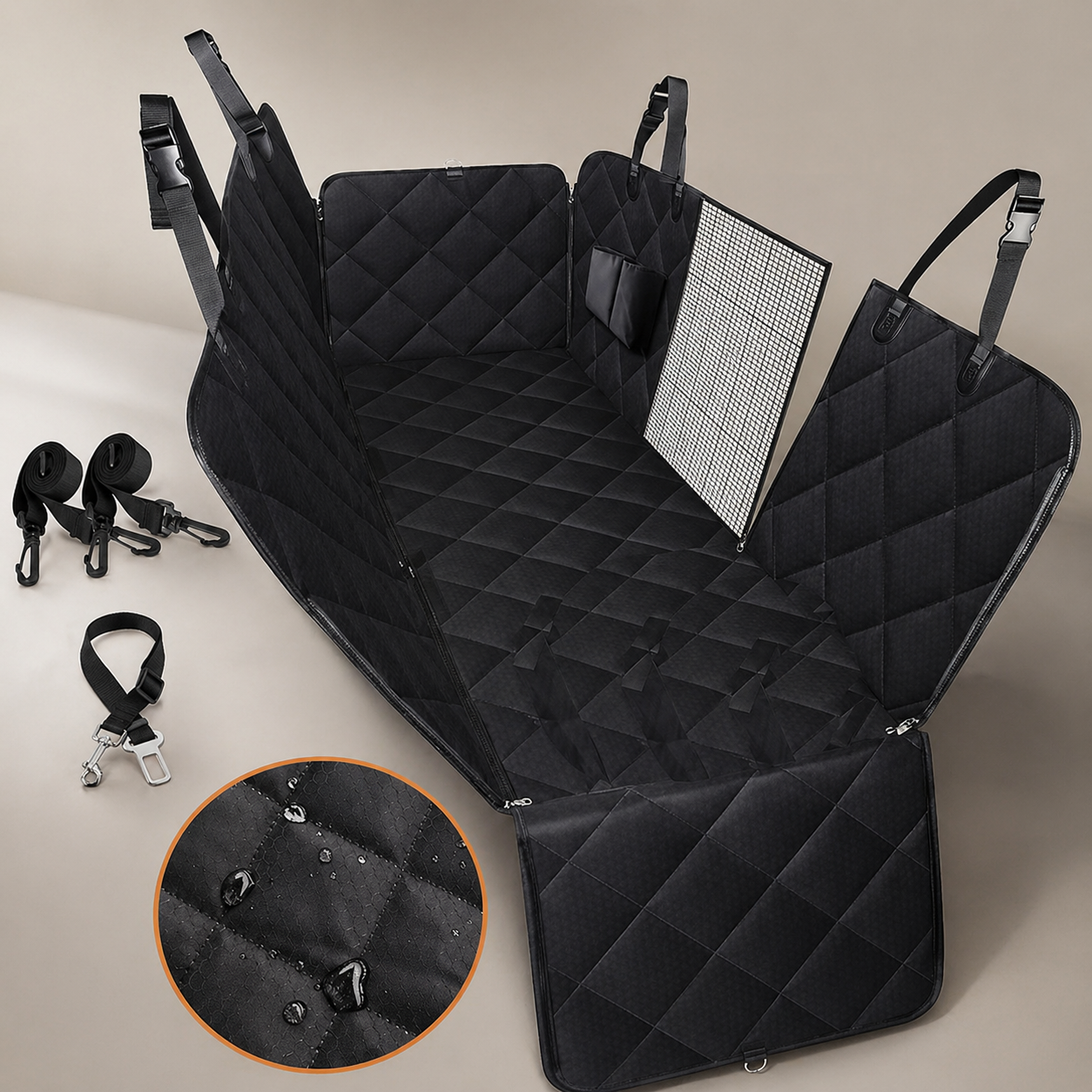Dog Car Seat Hammock Cover with Mesh Window & Storage Pocket