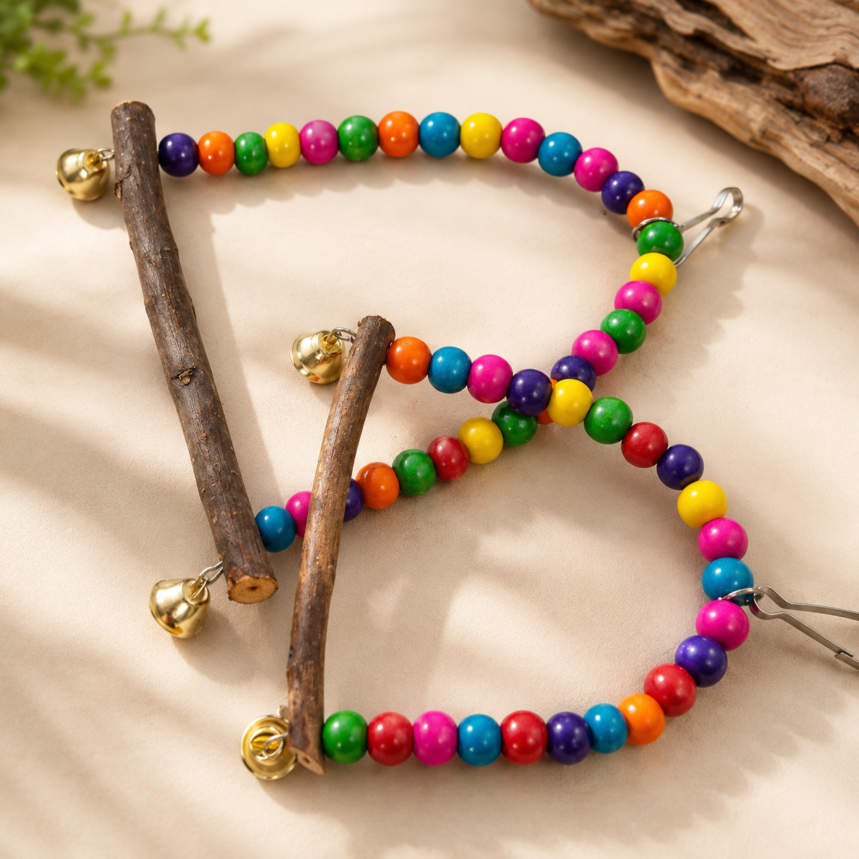 Rainbow Bead Bird Swing Perch with Bells