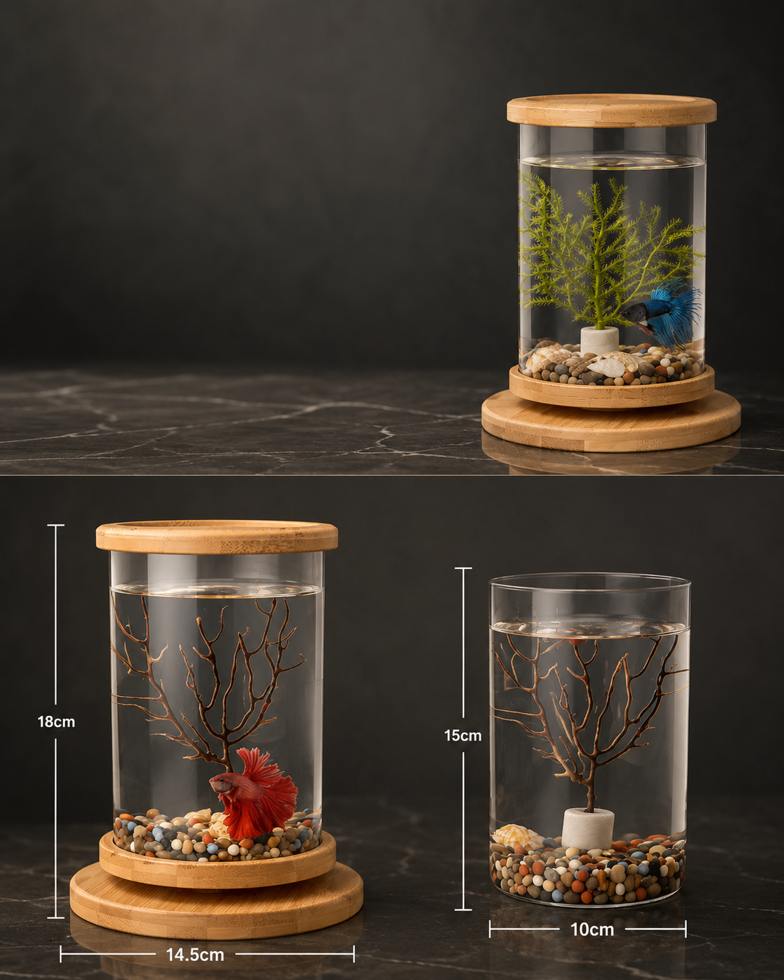Mini Bamboo Glass Betta Fish Tank – Desktop Aquarium Bowl