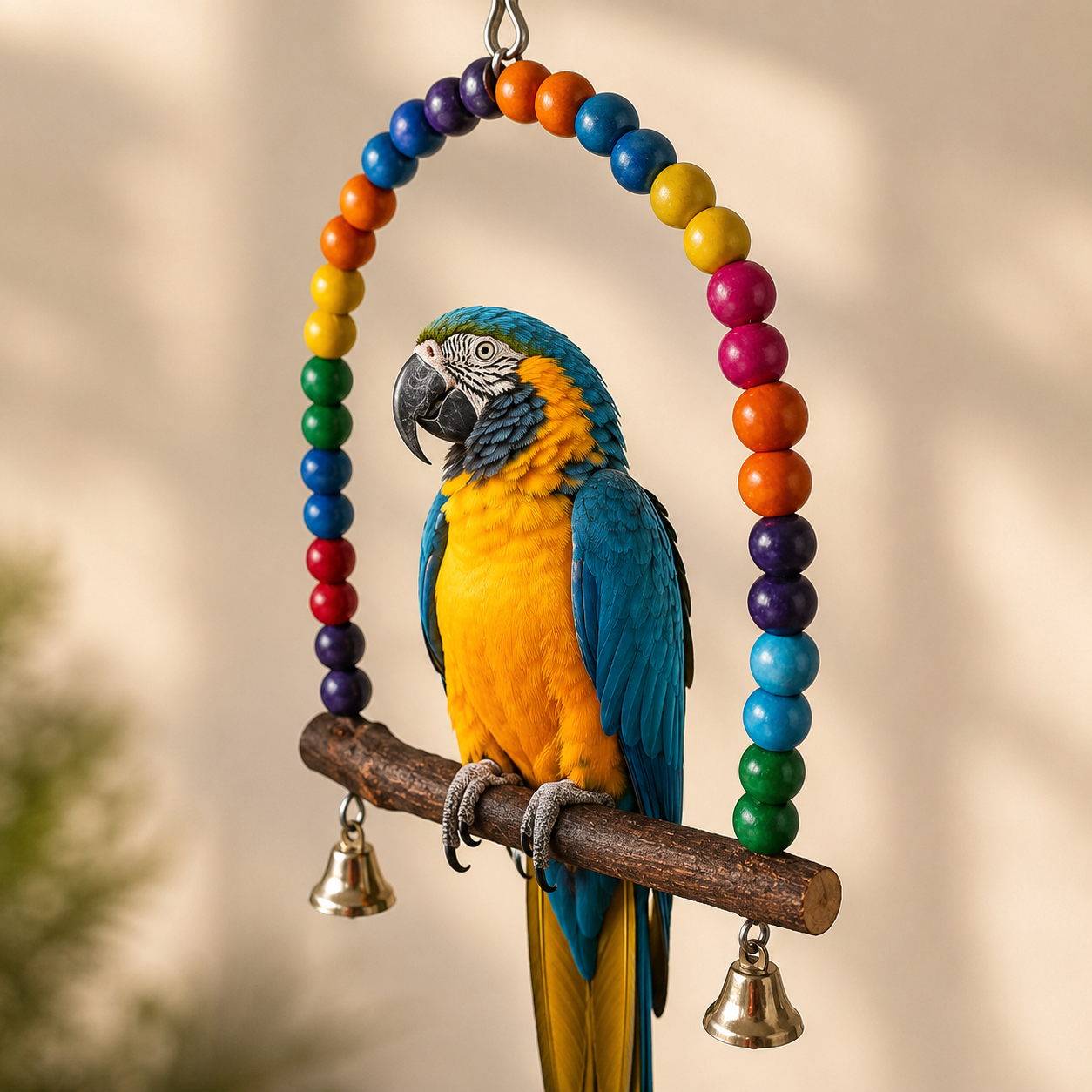 Rainbow Bead Bird Swing Perch with Bells